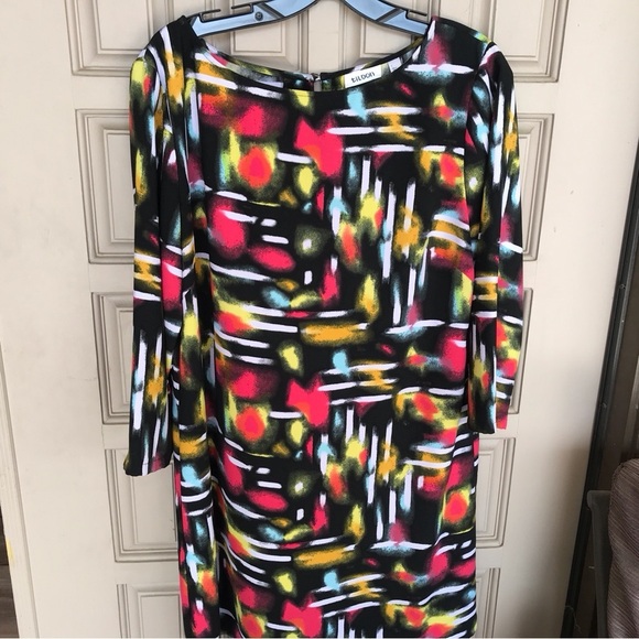 Tildon Dress Multi Color Deep Slit Back SzL Junior Long Sleeves Round Cute Dres - Picture 16 of 16